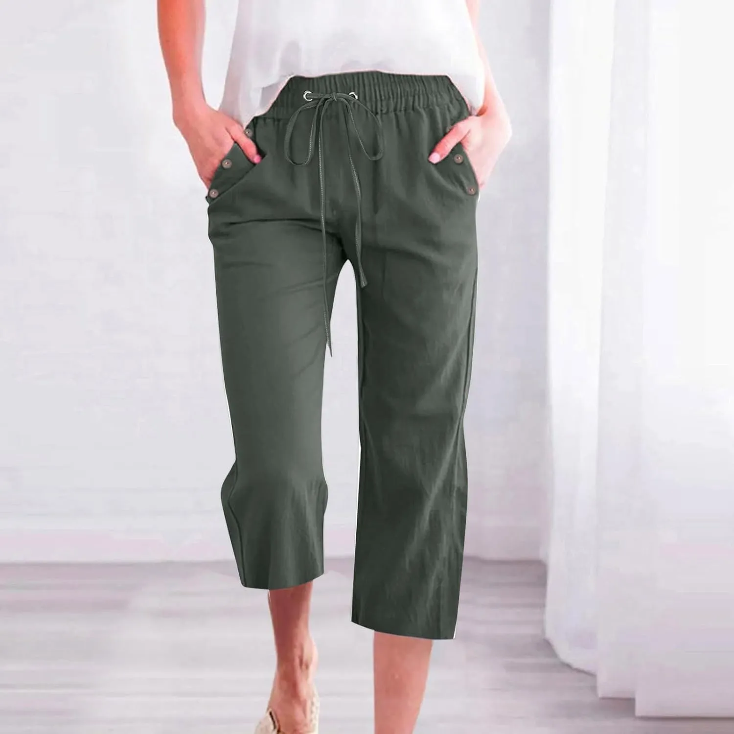 Capris Pants for Women Cotton Linen Casual Summer Wide/Straight Leg Loose Drawstring Elastic Waist Cropped Trousers