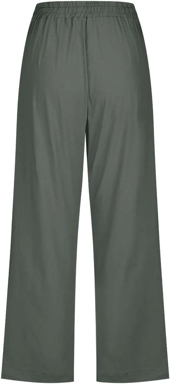 Capris Pants for Women Cotton Linen Casual Summer Wide/Straight Leg Loose Drawstring Elastic Waist Cropped Trousers