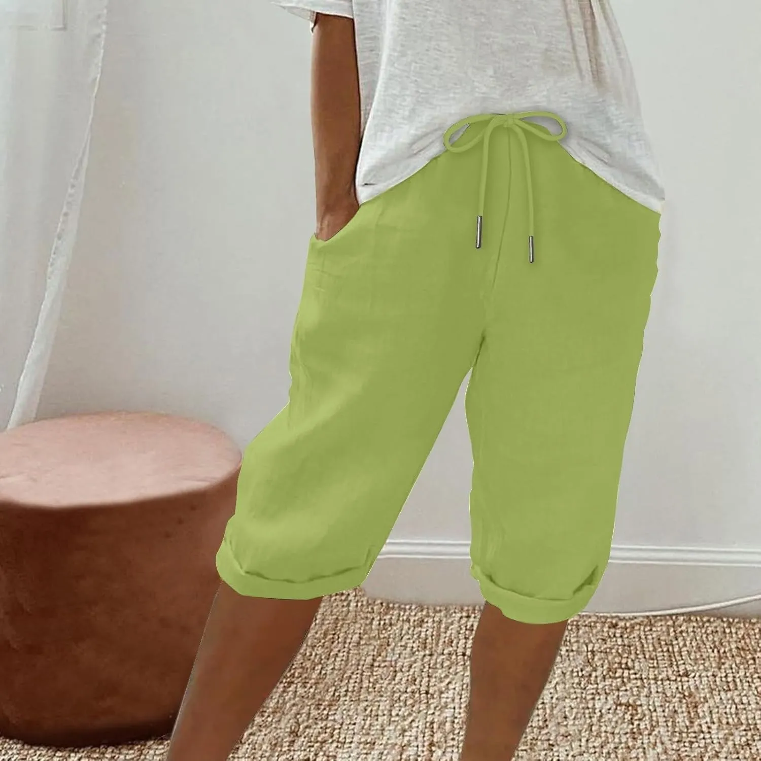Capris Pants for Women Cotton Linen Summer 2025 Straight Wide Leg Loose Drawstring Elastic Waist Cropped Trouser