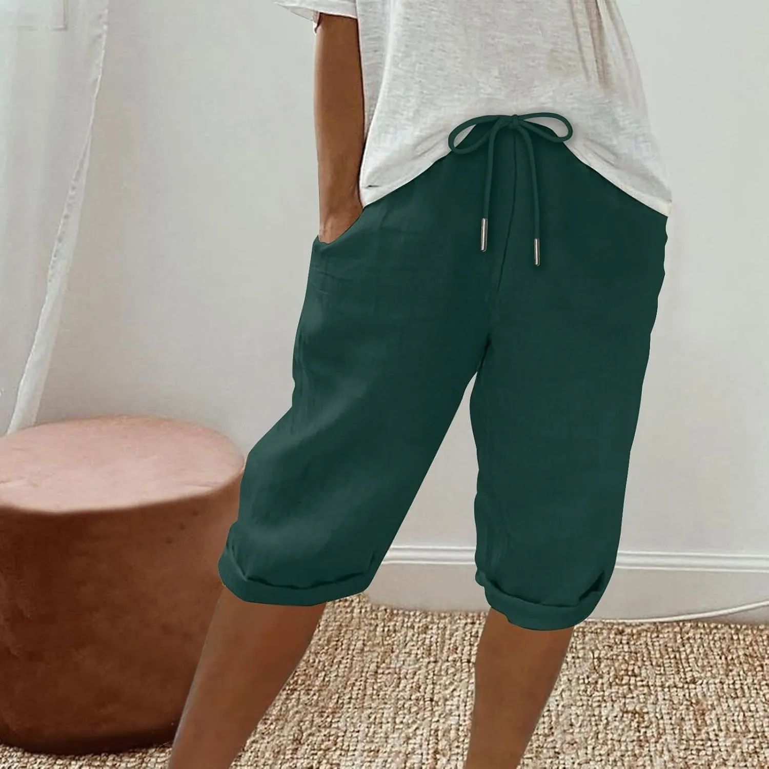 Capris Pants for Women Cotton Linen Summer 2025 Straight Wide Leg Loose Drawstring Elastic Waist Cropped Trouser