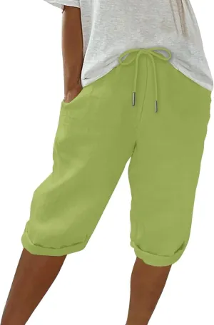 Capris Pants for Women Cotton Linen Summer 2025 Straight Wide Leg Loose Drawstring Elastic Waist Cropped Trouser
