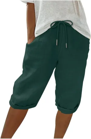 Capris Pants for Women Cotton Linen Summer 2025 Straight Wide Leg Loose Drawstring Elastic Waist Cropped Trouser