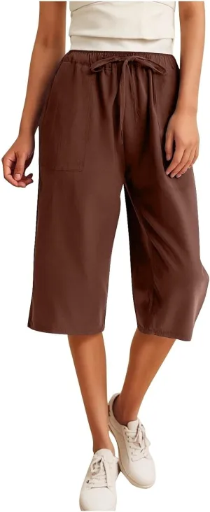 Capris Pants for Women Loose Casual High Waist Wide Leg Linen Pants Pull On Summer Vacation Beach Pant with Pockets