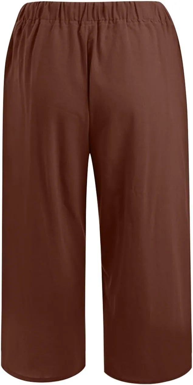 Capris Pants for Women Loose Casual High Waist Wide Leg Linen Pants Pull On Summer Vacation Beach Pant with Pockets