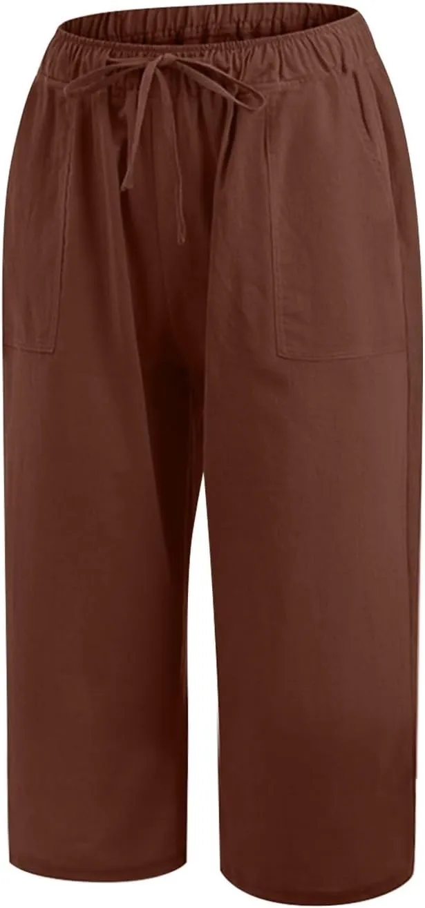 Capris Pants for Women Loose Casual High Waist Wide Leg Linen Pants Pull On Summer Vacation Beach Pant with Pockets