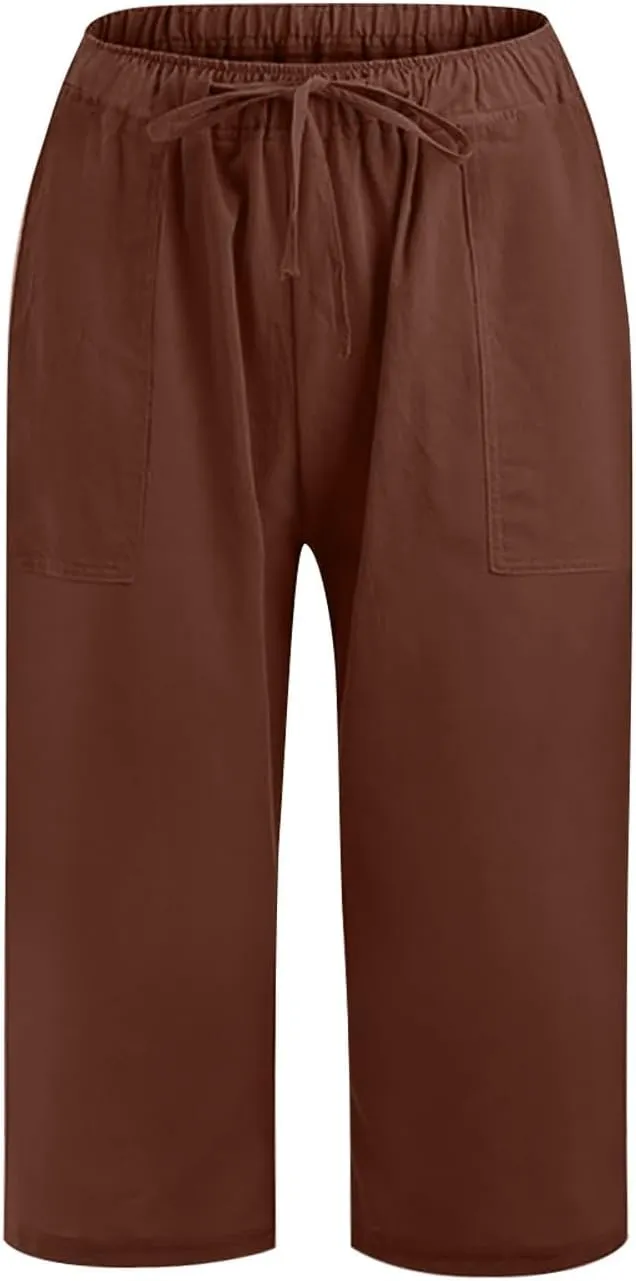 Capris Pants for Women Loose Casual High Waist Wide Leg Linen Pants Pull On Summer Vacation Beach Pant with Pockets