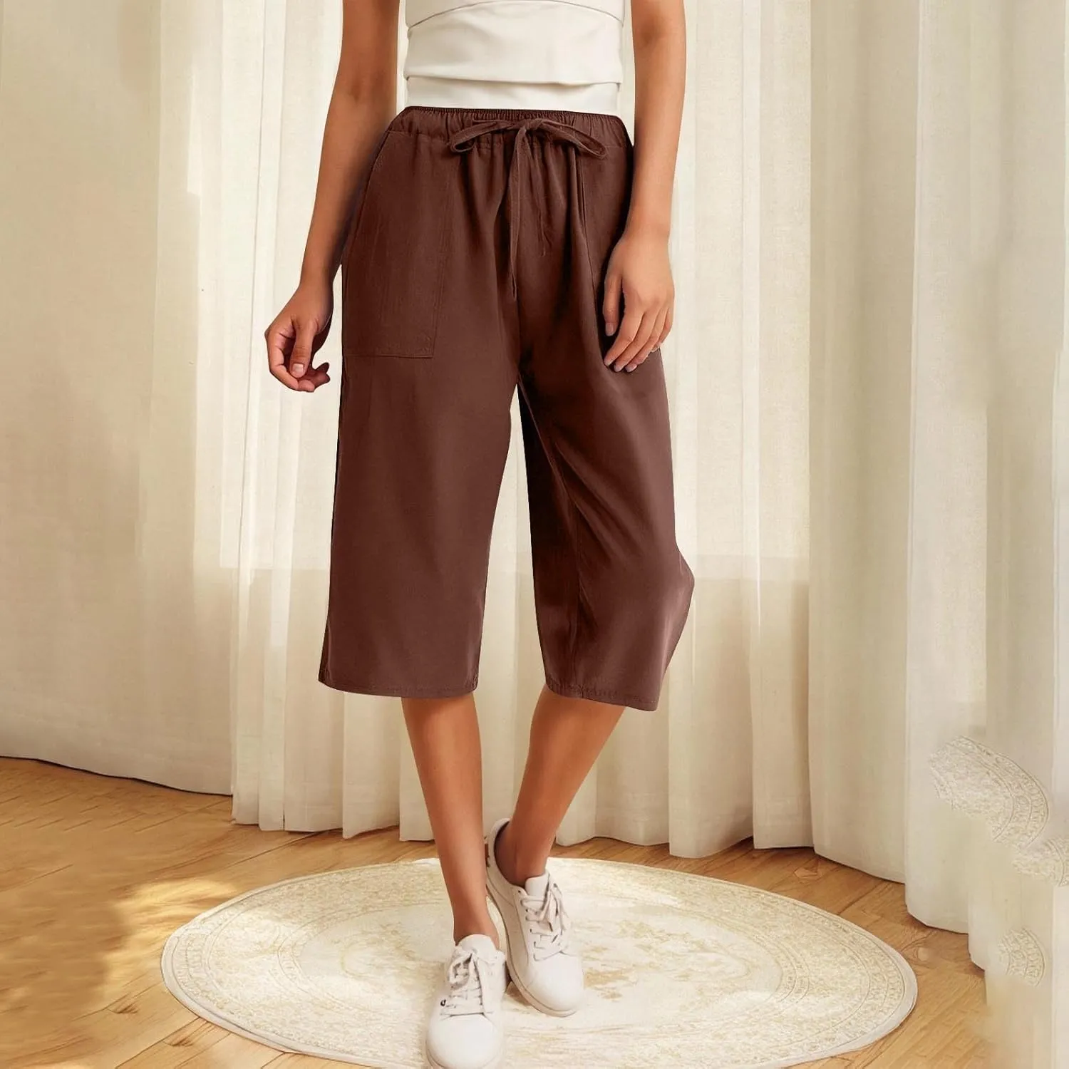 Capris Pants for Women Loose Casual High Waist Wide Leg Linen Pants Pull On Summer Vacation Beach Pant with Pockets
