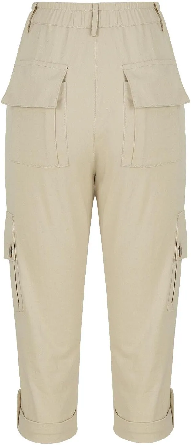 Cargo Capri Pants Women High Waisted Elastic Capris Trousers Cropped Pants with Pockets Casual Work Clothes