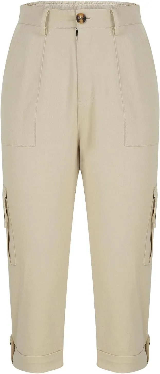 Cargo Capri Pants Women High Waisted Elastic Capris Trousers Cropped Pants with Pockets Casual Work Clothes