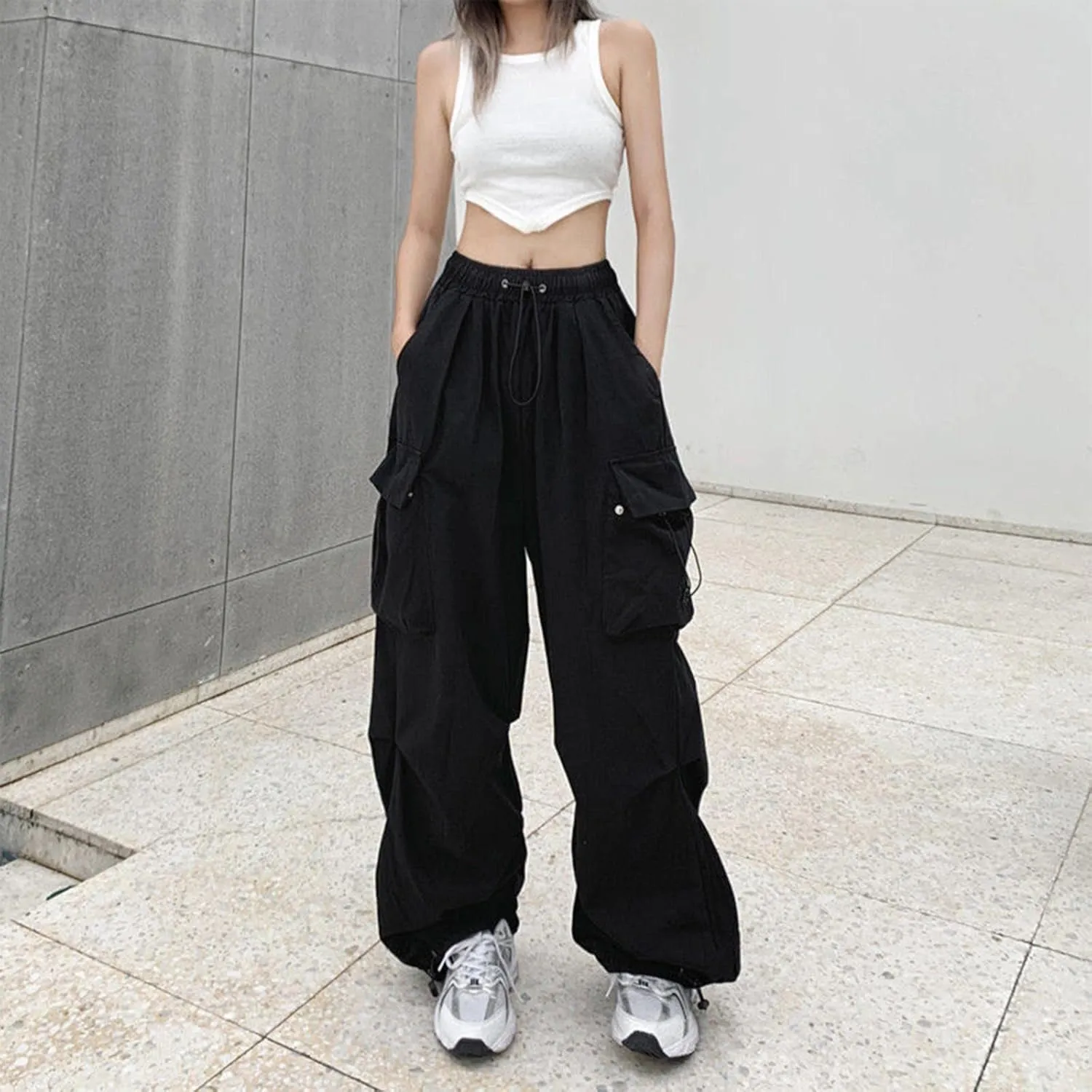 Cargo Pants for Women Elastic High Waisted Wide Leg Pants Summer Casual Loose Streetwear Y2K Trousers with Pockets