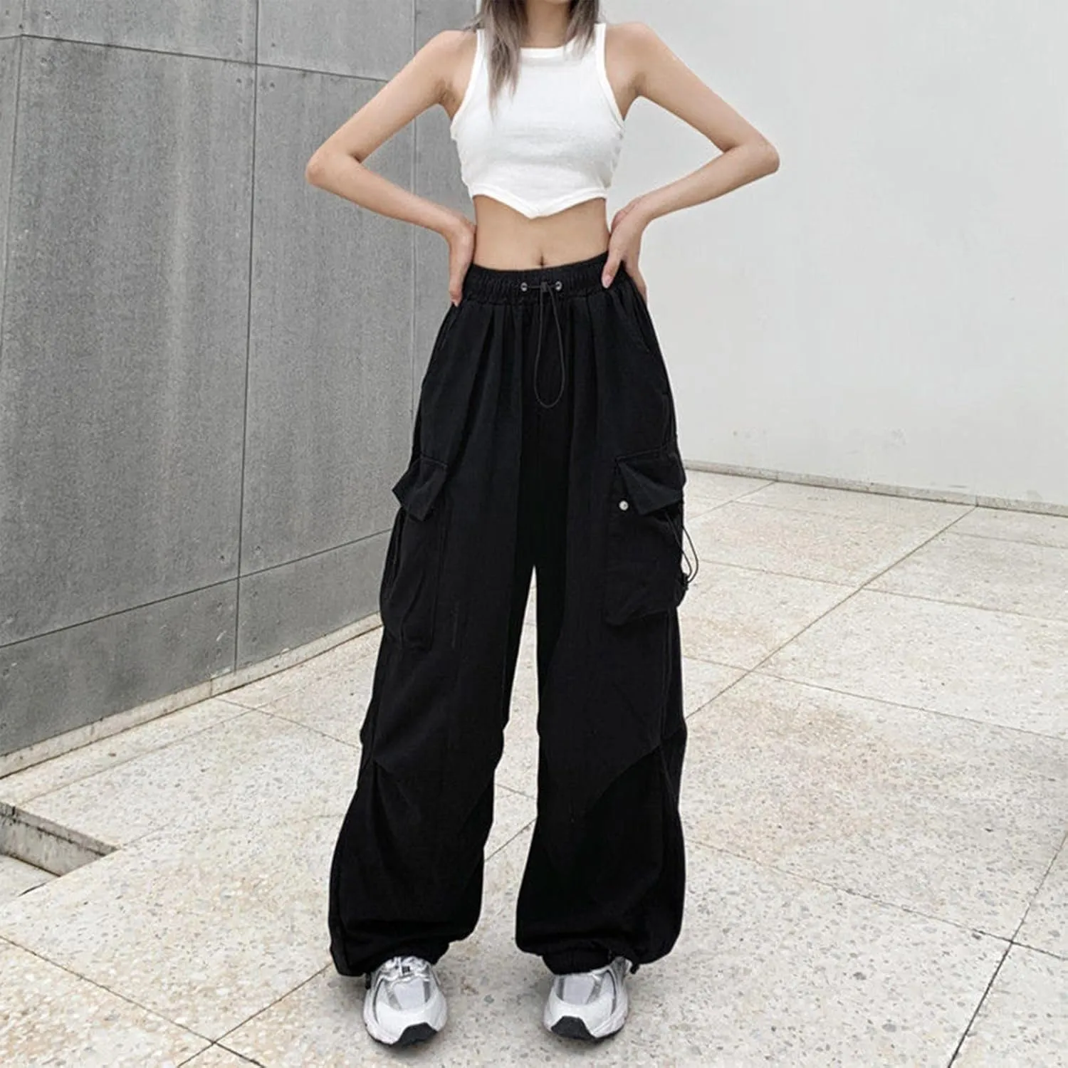 Cargo Pants for Women Elastic High Waisted Wide Leg Pants Summer Casual Loose Streetwear Y2K Trousers with Pockets
