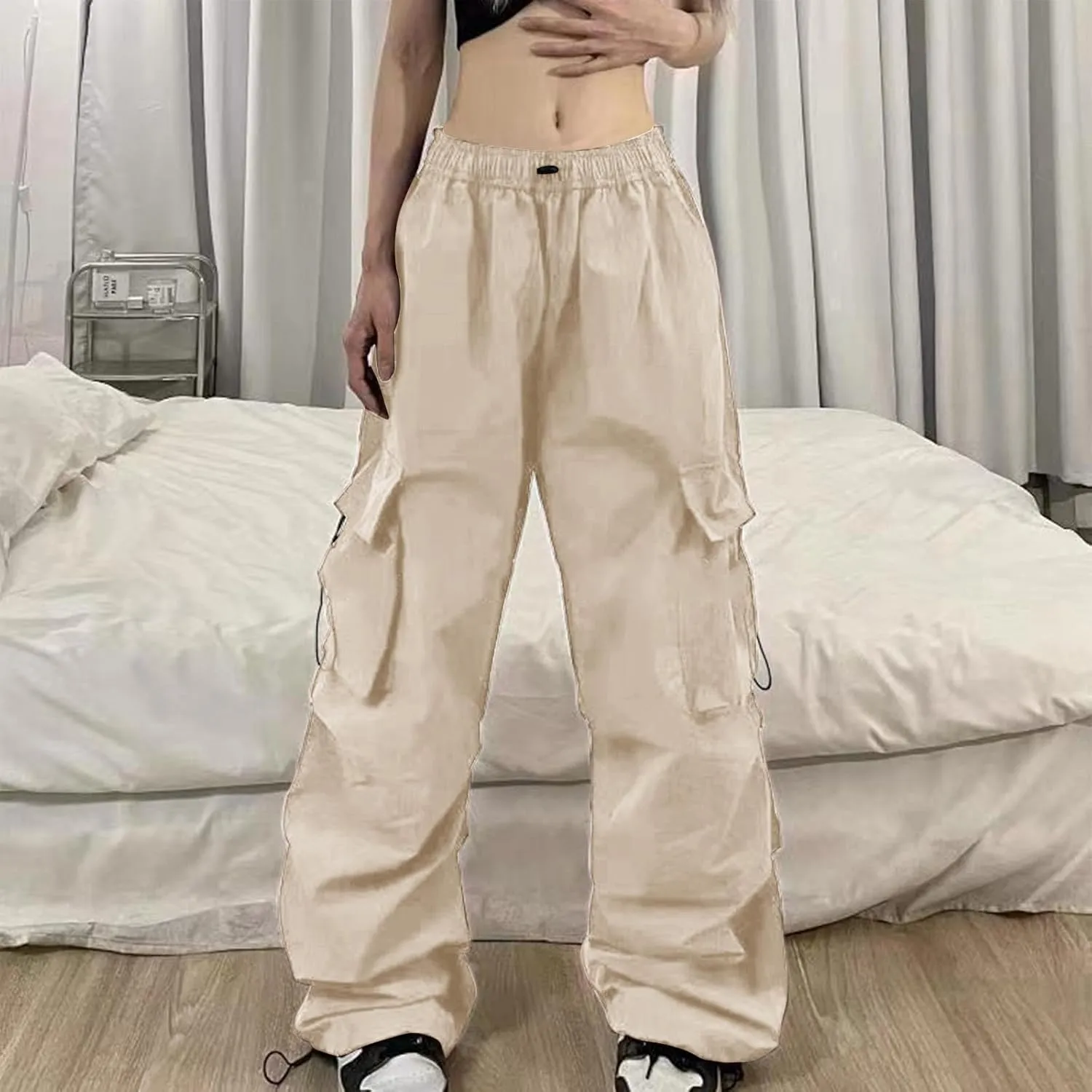 Cargo Pants for Women Elastic High Waisted Wide Leg Pants Summer Casual Loose Streetwear Y2K Trousers with Pockets
