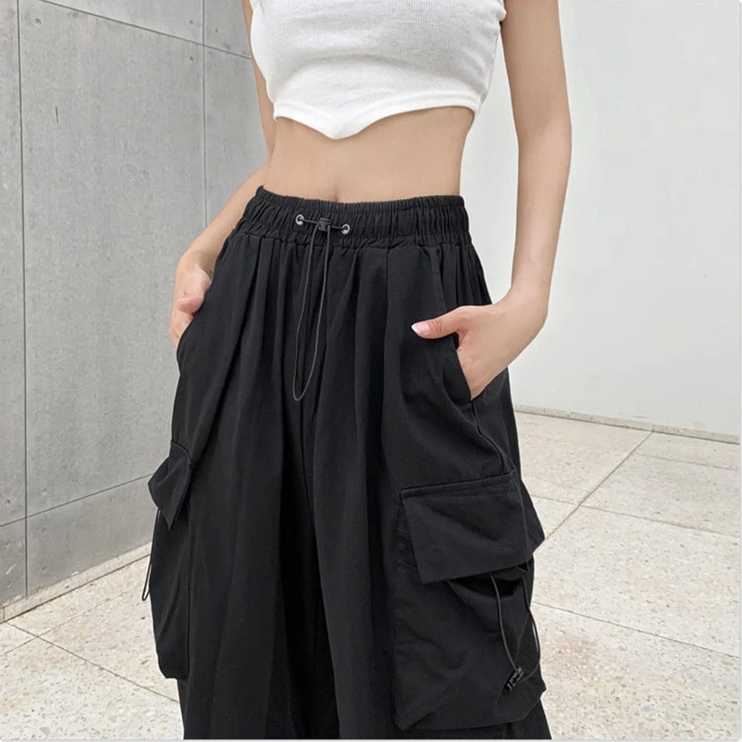 Cargo Pants for Women Elastic High Waisted Wide Leg Pants Summer Casual Loose Streetwear Y2K Trousers with Pockets