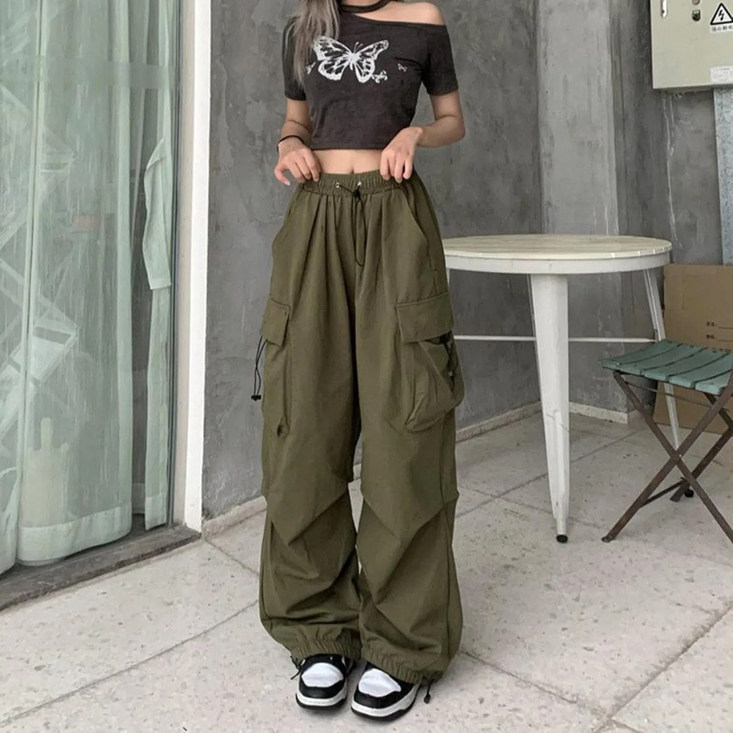 Cargo Pants for Women Elastic High Waisted Wide Leg Pants Summer Casual Loose Streetwear Y2K Trousers with Pockets
