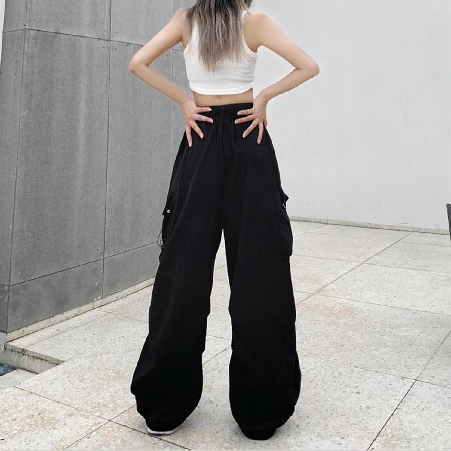 Cargo Pants for Women Elastic High Waisted Wide Leg Pants Summer Casual Loose Streetwear Y2K Trousers with Pockets