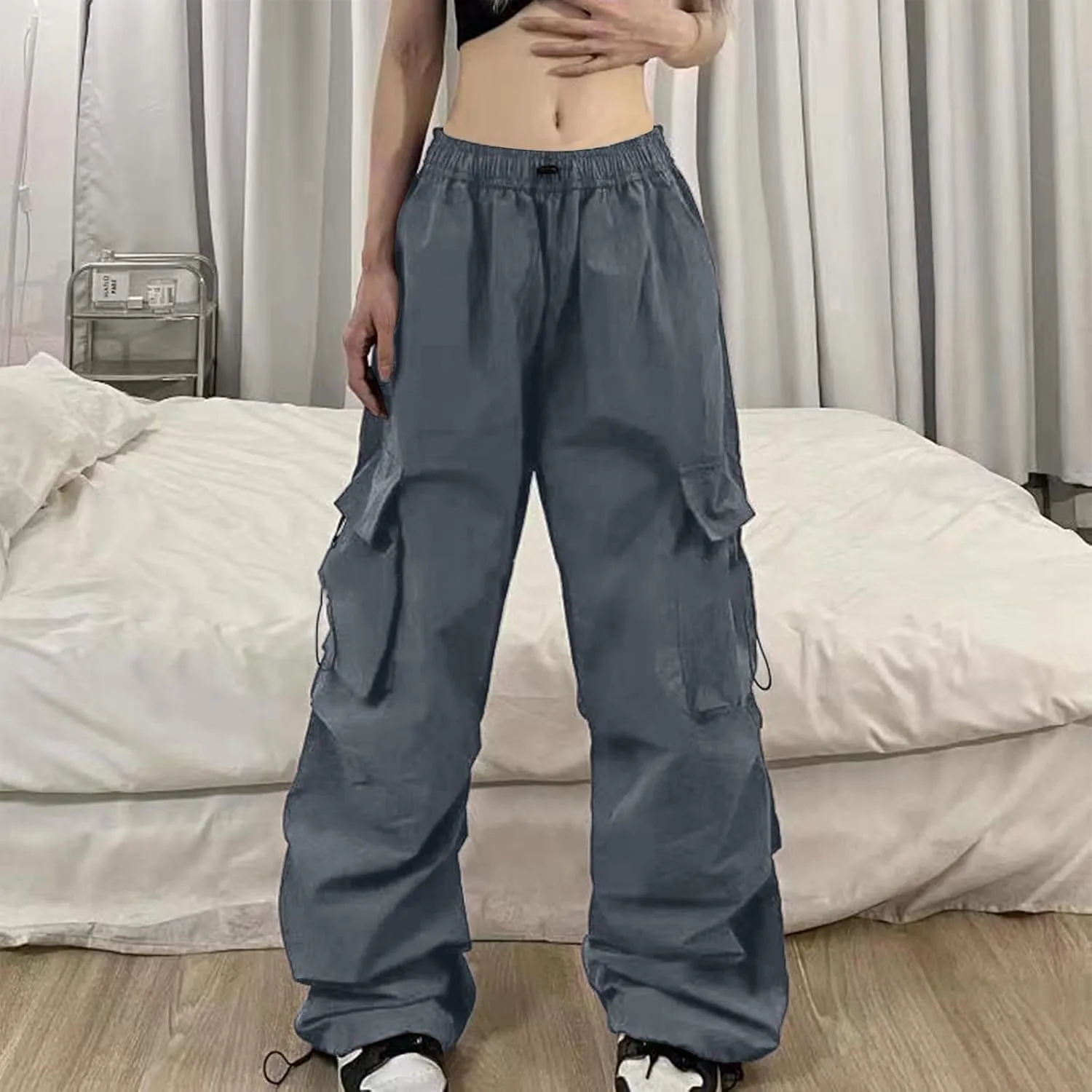 Cargo Pants for Women Elastic High Waisted Wide Leg Pants Summer Casual Loose Streetwear Y2K Trousers with Pockets
