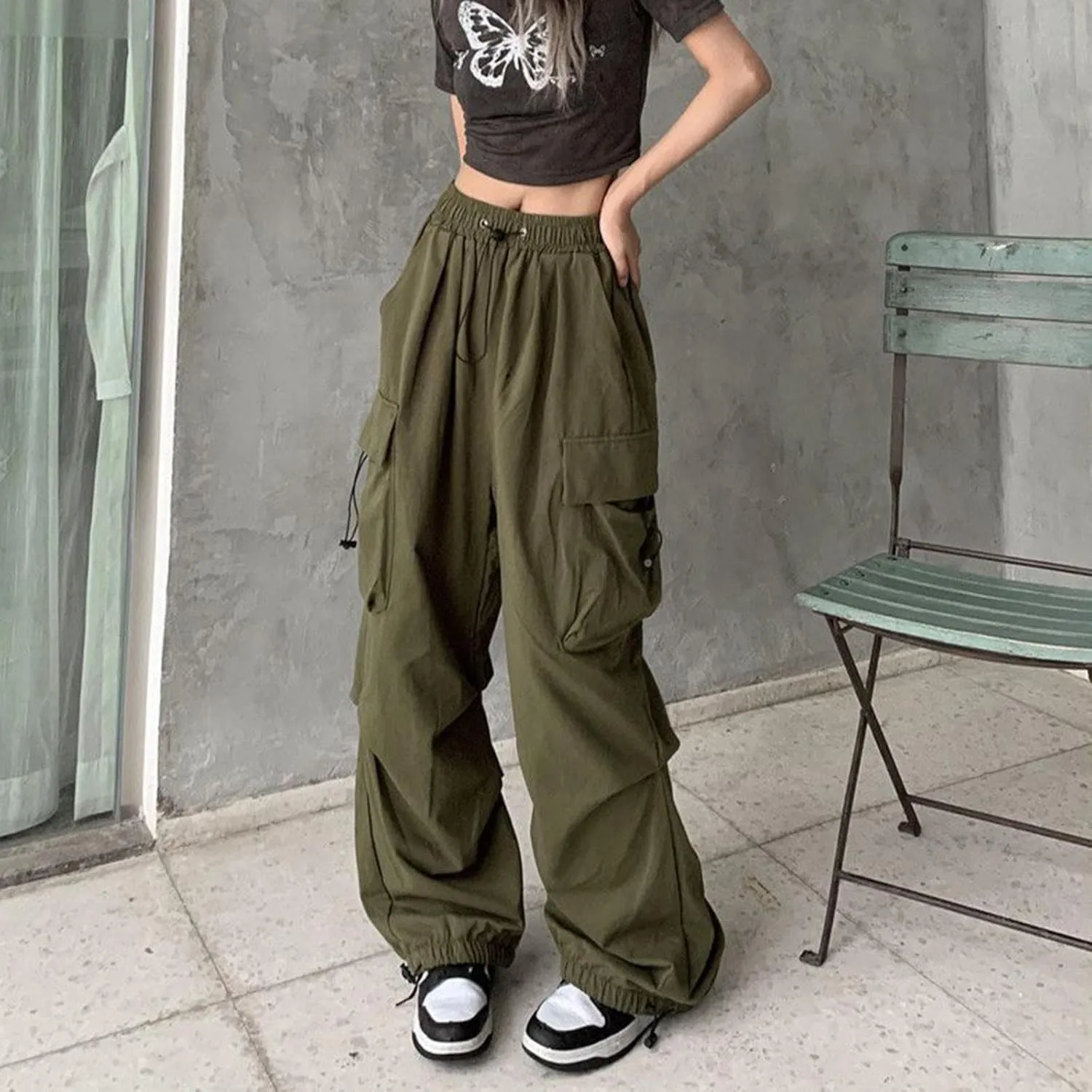 Cargo Pants for Women Elastic High Waisted Wide Leg Pants Summer Casual Loose Streetwear Y2K Trousers with Pockets