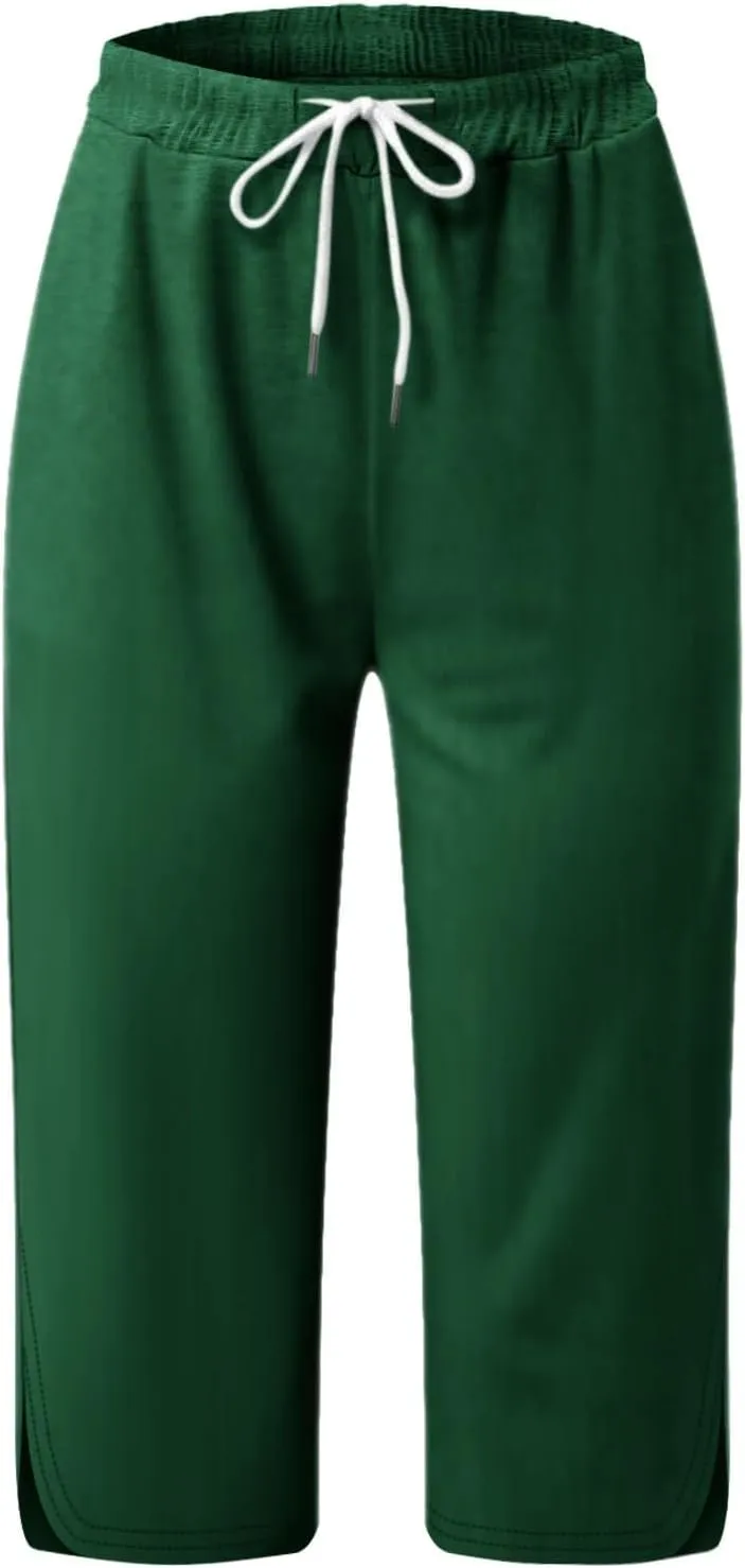 Casual Beach Pants for Women,Loose Fit Cotton Linen Wide Leg Cropped Trousers Elastic Waist Summer Style