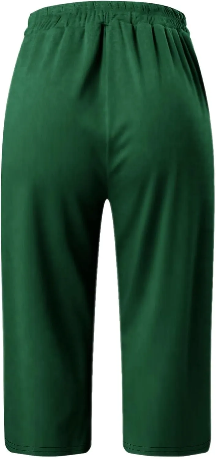 Casual Beach Pants for Women,Loose Fit Cotton Linen Wide Leg Cropped Trousers Elastic Waist Summer Style
