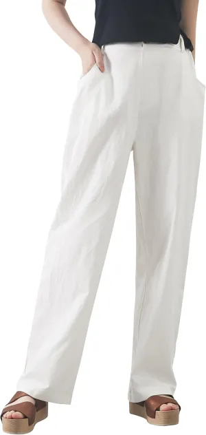Casual Linen High Waist Pants with Elastic Waistband and Straight-Leg Design Summer Trousers with Side Pockets White