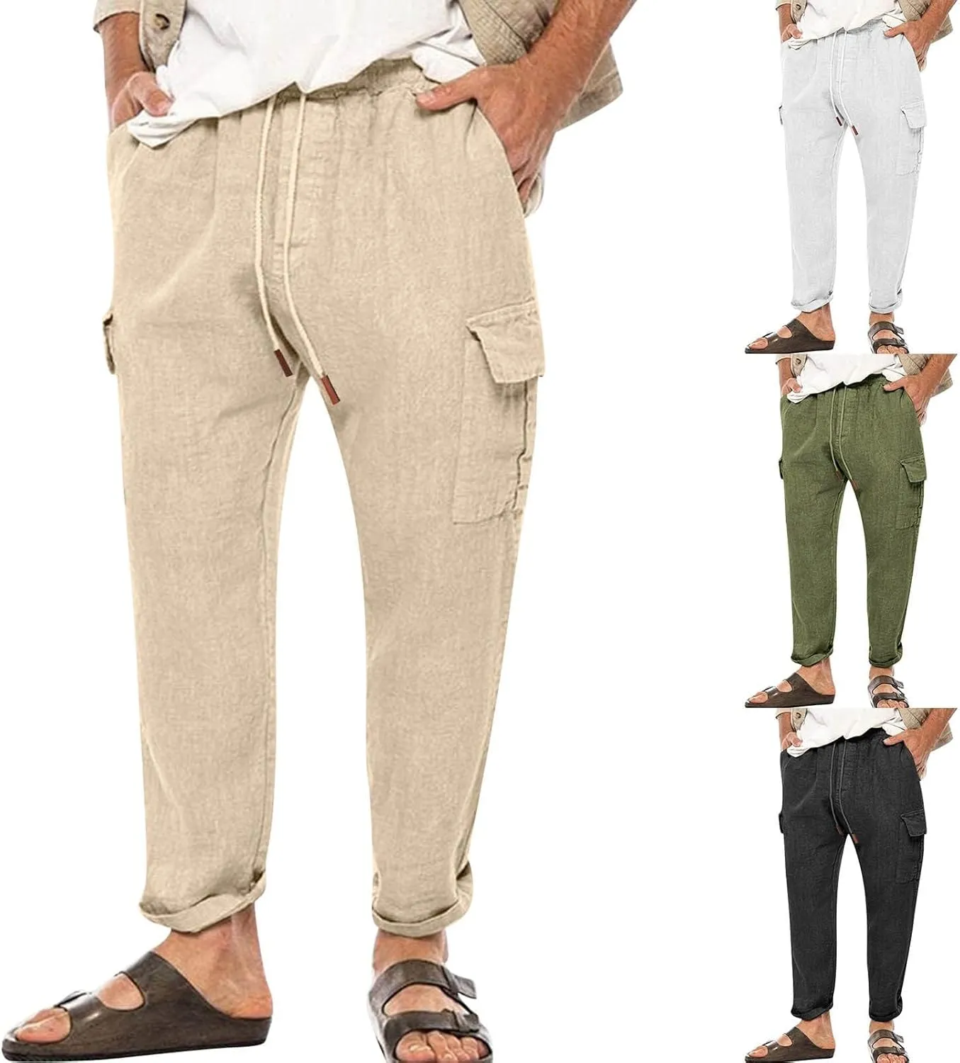 Casual Linen Pants for Men Elastic Drawstring Cargo Pants Straight Leg Slim Fit Sweatpants Lightweight Golf Sweatpant