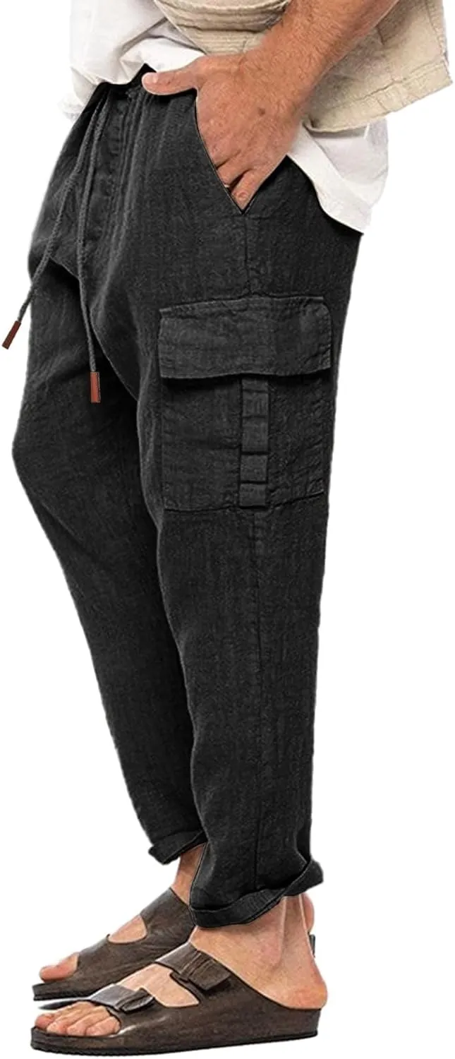 Casual Linen Pants for Men Elastic Drawstring Cargo Pants Straight Leg Slim Fit Sweatpants Lightweight Golf Sweatpant