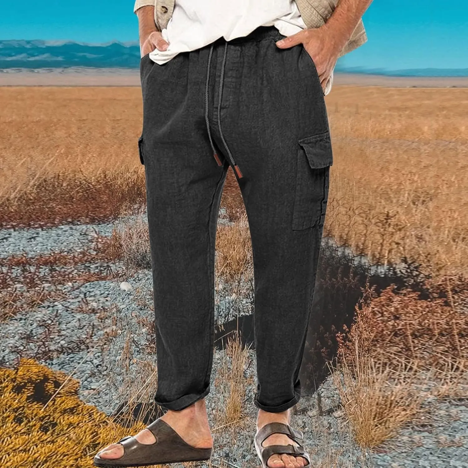 Casual Linen Pants for Men Elastic Drawstring Cargo Pants Straight Leg Slim Fit Sweatpants Lightweight Golf Sweatpant