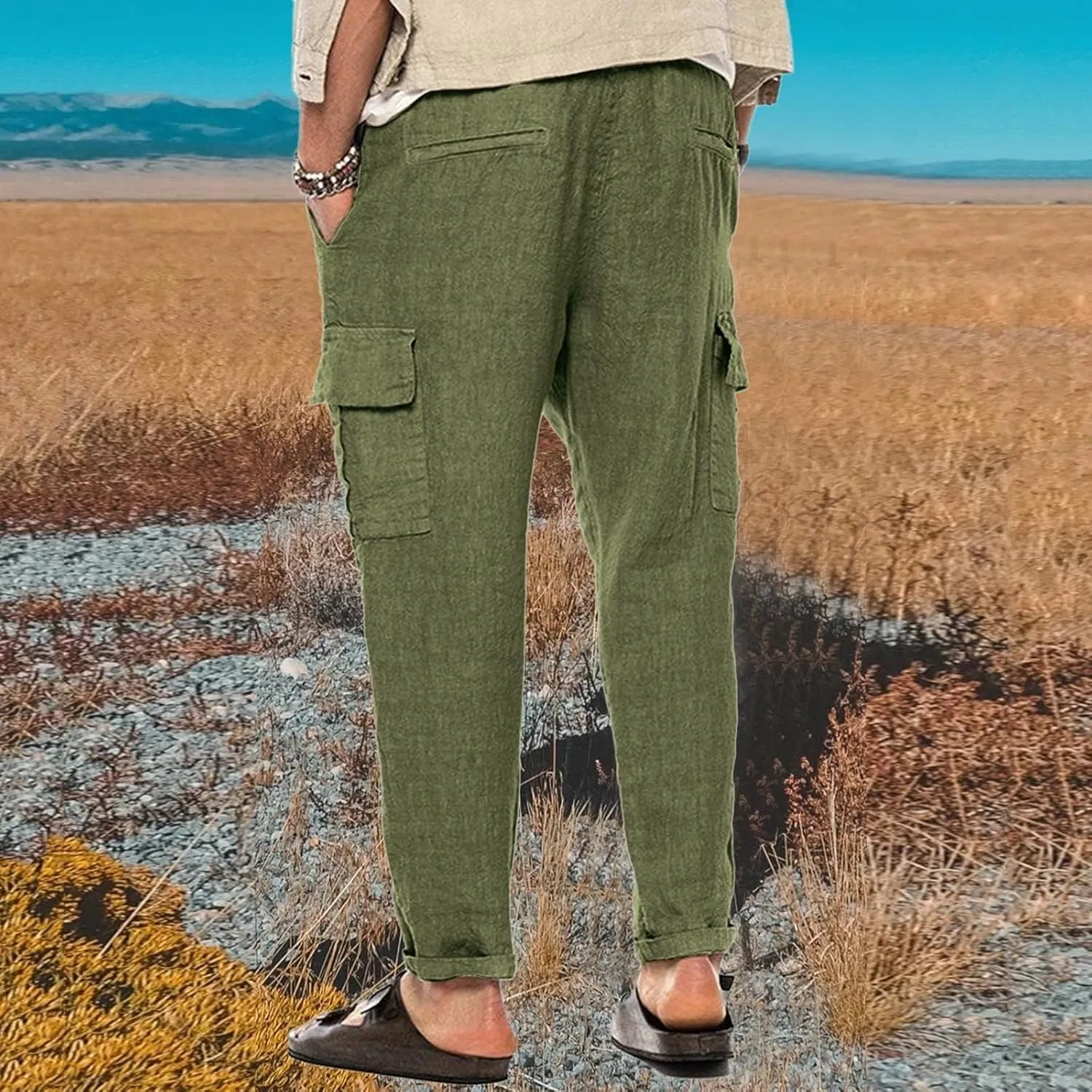 Casual Linen Pants for Men Elastic Drawstring Cargo Pants Straight Leg Slim Fit Sweatpants Lightweight Golf Sweatpant