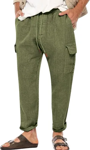 Casual Linen Pants for Men Elastic Drawstring Cargo Pants Straight Leg Slim Fit Sweatpants Lightweight Golf Sweatpant