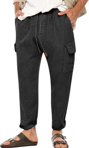 Casual Linen Pants for Men Elastic Drawstring Cargo Pants Straight Leg Slim Fit Sweatpants Lightweight Golf Sweatpant