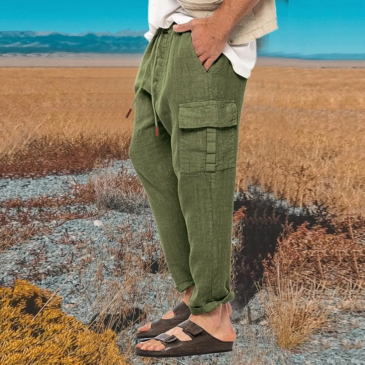 Casual Linen Pants for Men Elastic Drawstring Cargo Pants Straight Leg Slim Fit Sweatpants Lightweight Golf Sweatpant