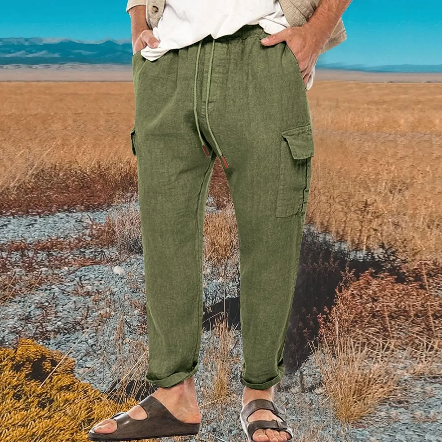Casual Linen Pants for Men Elastic Drawstring Cargo Pants Straight Leg Slim Fit Sweatpants Lightweight Golf Sweatpant