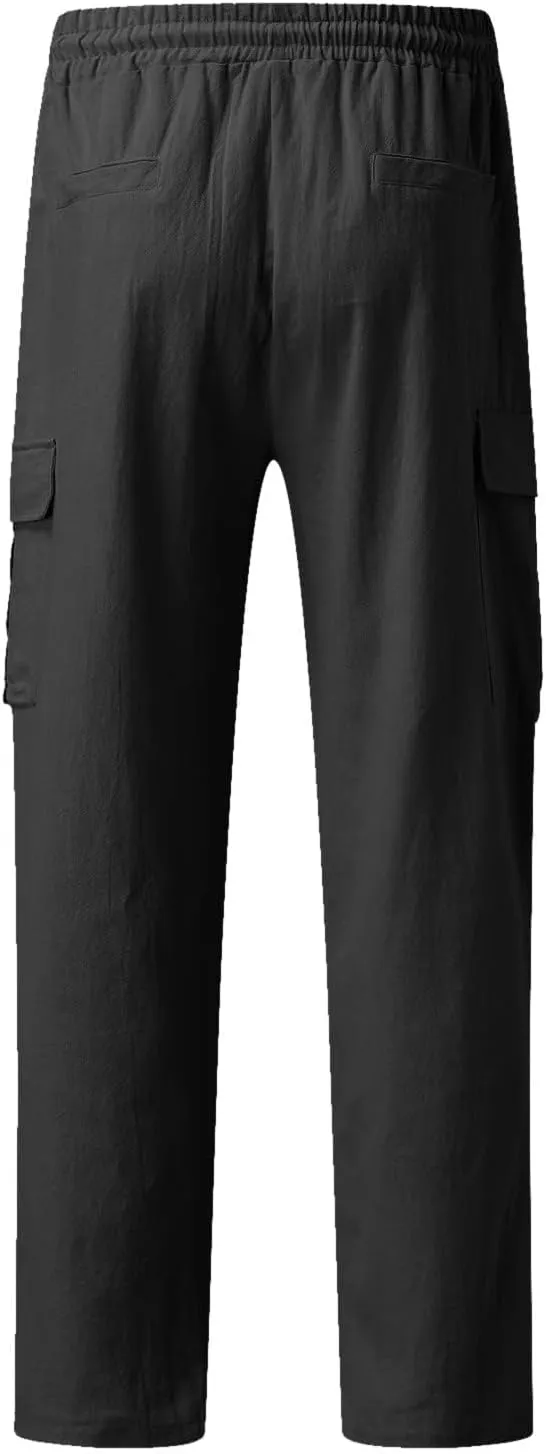 Casual Linen Pants for Men Elastic Drawstring Cargo Pants Straight Leg Slim Fit Sweatpants Lightweight Golf Sweatpant