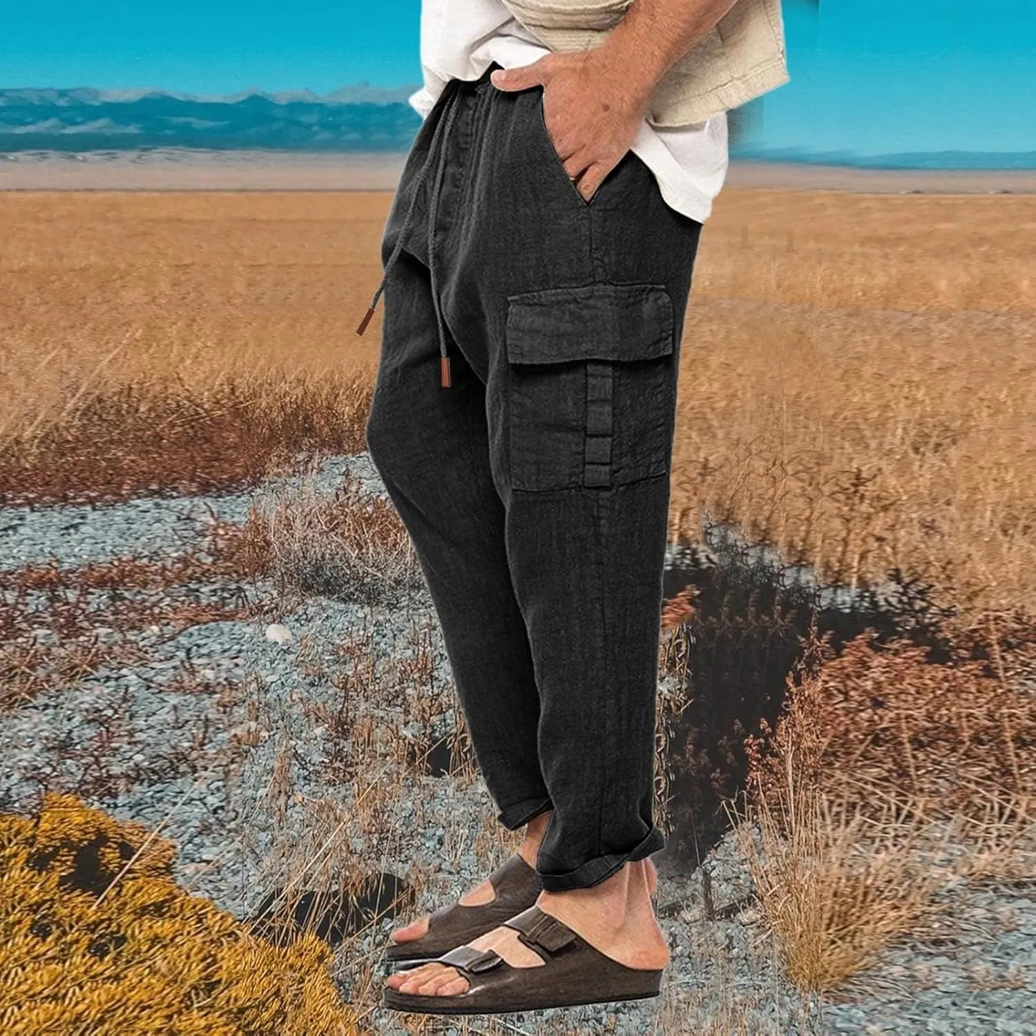 Casual Linen Pants for Men Elastic Drawstring Cargo Pants Straight Leg Slim Fit Sweatpants Lightweight Golf Sweatpant