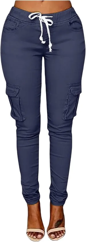 Casual Stretch Drawstring Skinny Pants for Women Plus Size Cargo Jogger Pants High Waist Tie Butt Lift Trousers Pockets