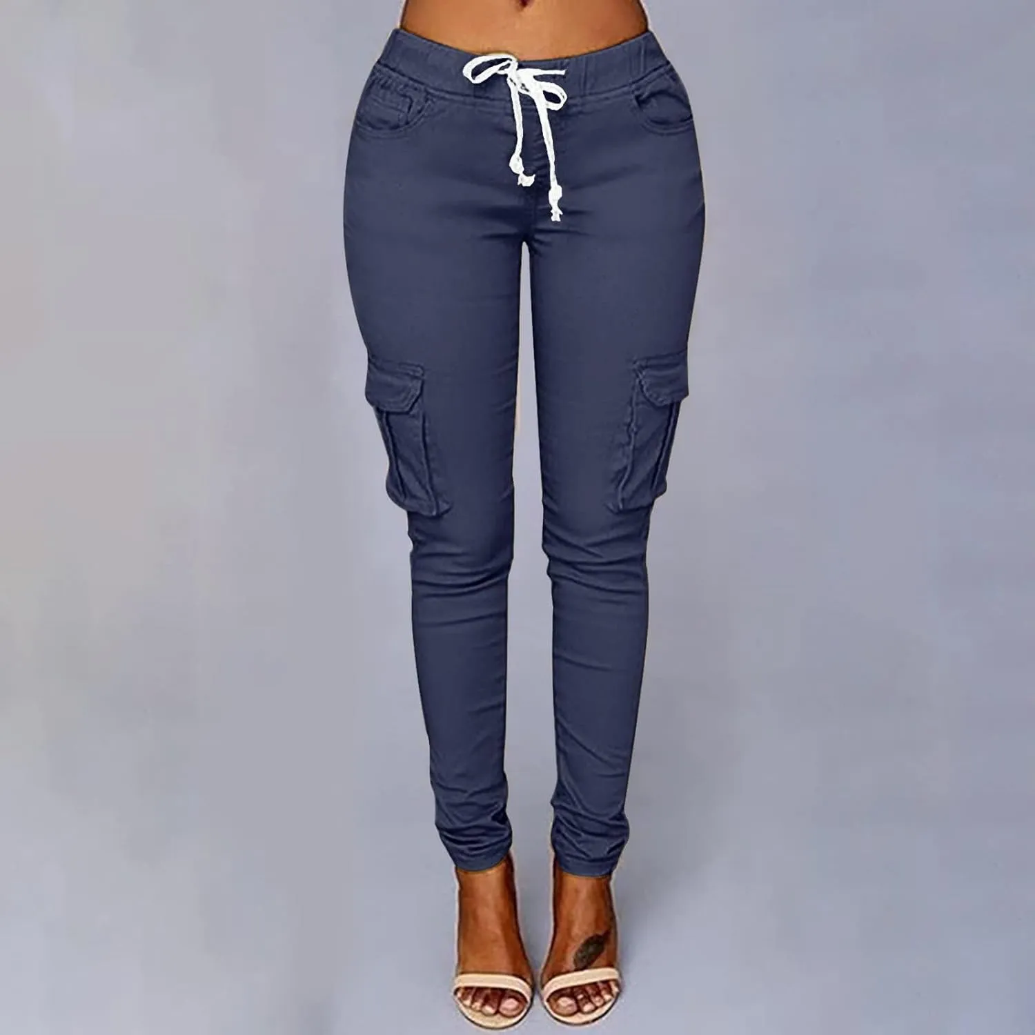 Casual Stretch Drawstring Skinny Pants for Women Plus Size Cargo Jogger Pants High Waist Tie Butt Lift Trousers Pockets