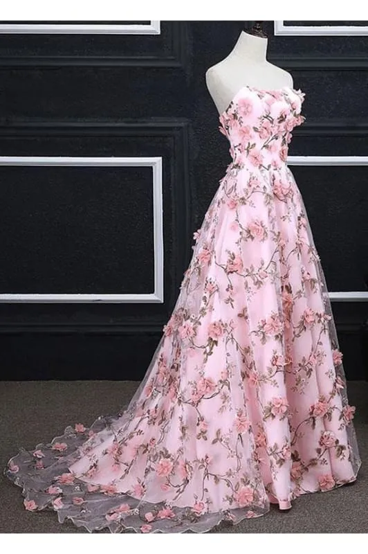 Cheap Pink Dresses A-line Strapless Floral Long Prom Elegant Party Dress