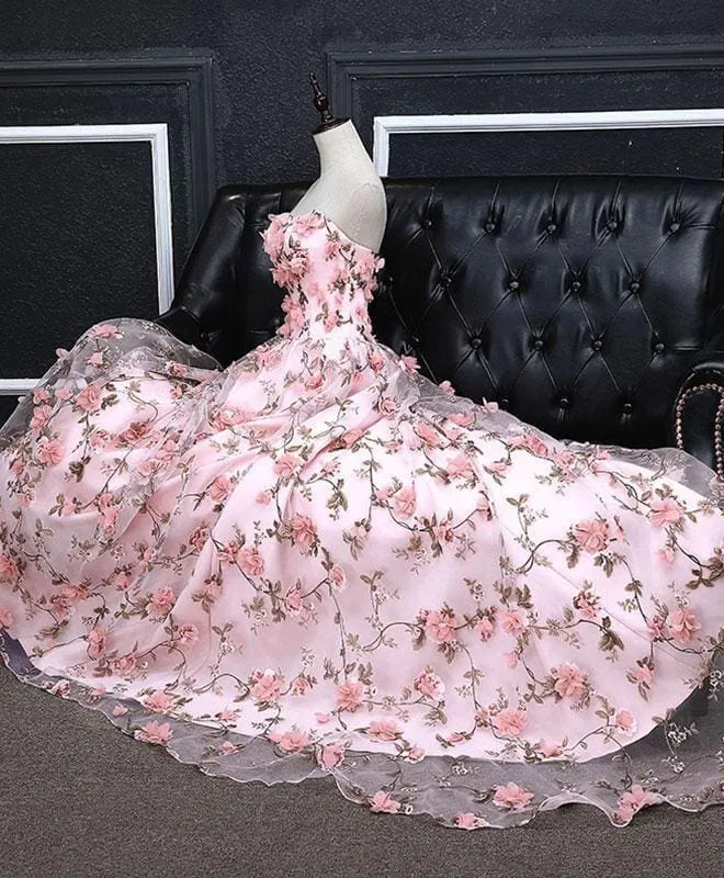 Cheap Pink Dresses A-line Strapless Floral Long Prom Elegant Party Dress