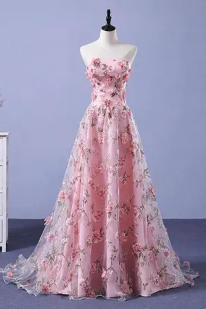 Cheap Pink Dresses A-line Strapless Floral Long Prom Elegant Party Dress