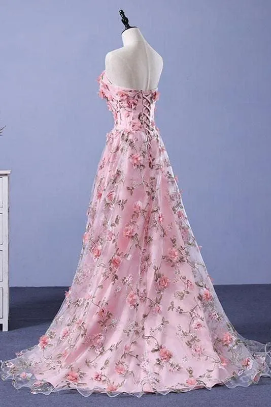 Cheap Pink Dresses A-line Strapless Floral Long Prom Elegant Party Dress