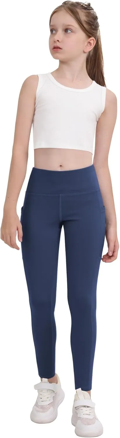 CHRLEISURE Girls' Athletic Leggings with Pockets, 5 Packs Kids Teen Dance Yoga Workout Running Pants for 5-15 Years