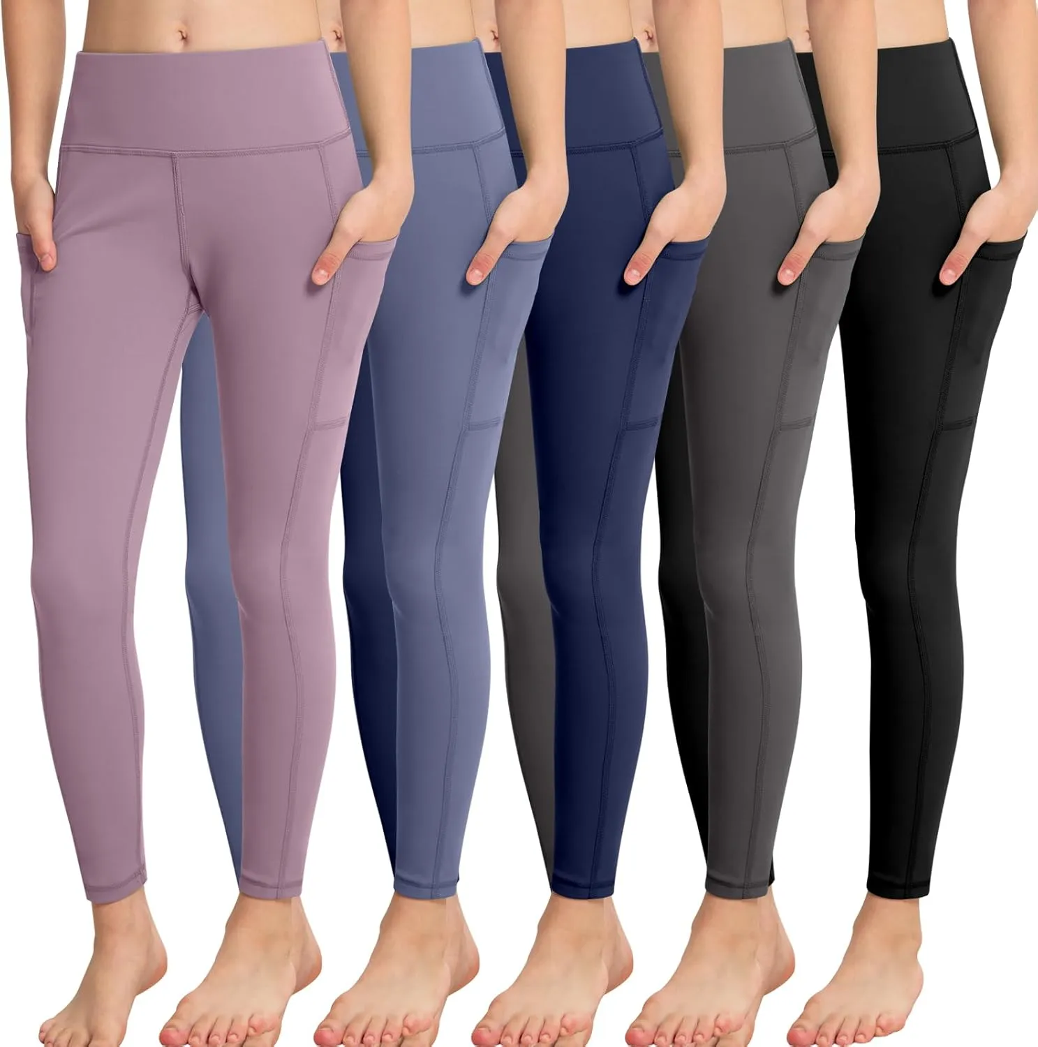 CHRLEISURE Girls' Athletic Leggings with Pockets, 5 Packs Kids Teen Dance Yoga Workout Running Pants for 5-15 Years