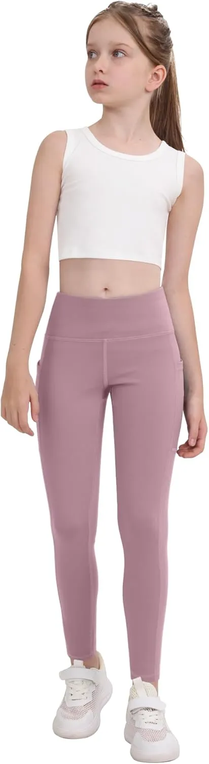 CHRLEISURE Girls' Athletic Leggings with Pockets, 5 Packs Kids Teen Dance Yoga Workout Running Pants for 5-15 Years