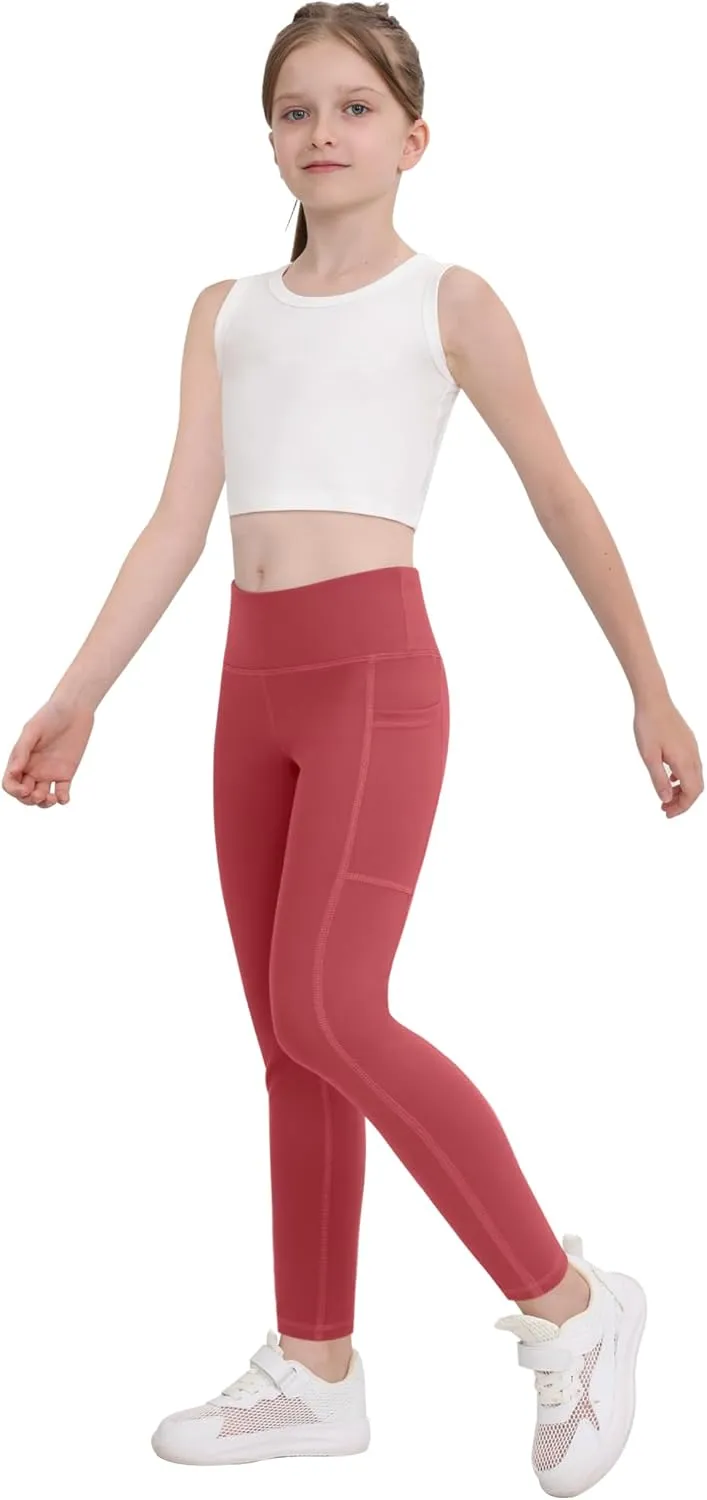 CHRLEISURE Girls' Athletic Leggings with Pockets, 5 Packs Kids Teen Dance Yoga Workout Running Pants for 5-15 Years
