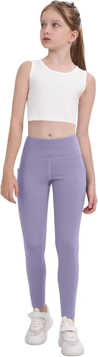 CHRLEISURE Girls' Athletic Leggings with Pockets, 5 Packs Kids Teen Dance Yoga Workout Running Pants for 5-15 Years