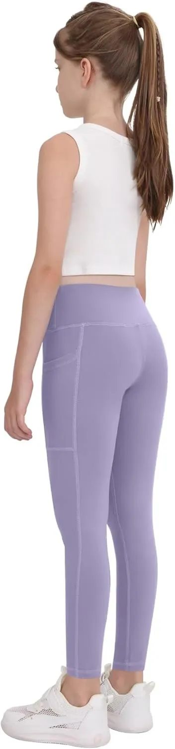 CHRLEISURE Girls' Athletic Leggings with Pockets, 5 Packs Kids Teen Dance Yoga Workout Running Pants for 5-15 Years