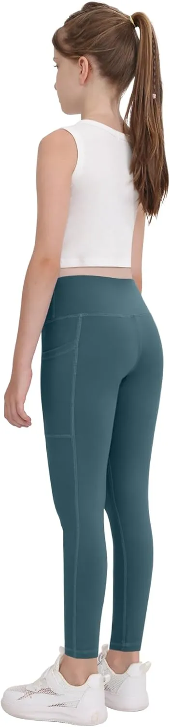 CHRLEISURE Girls' Athletic Leggings with Pockets, 5 Packs Kids Teen Dance Yoga Workout Running Pants for 5-15 Years