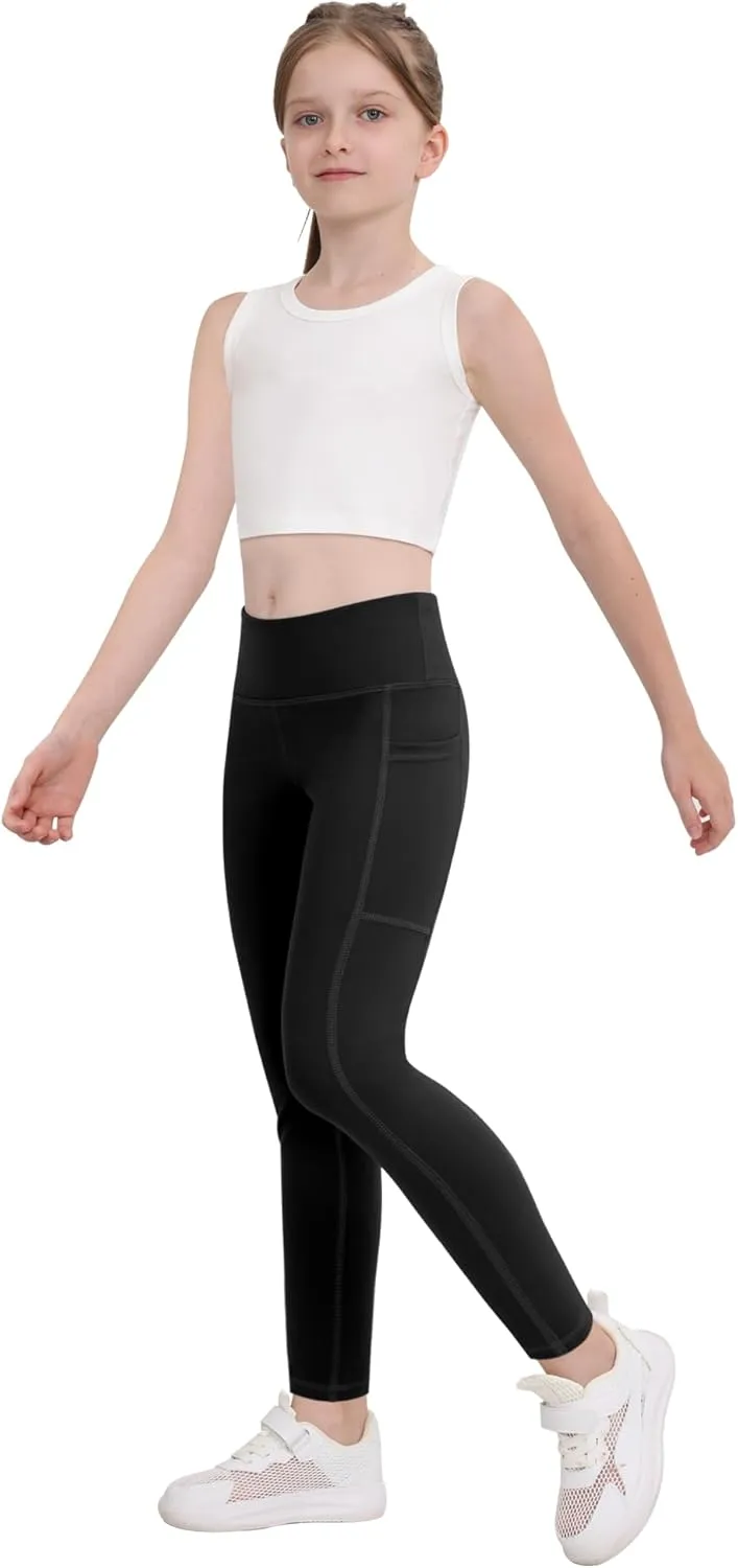 CHRLEISURE Girls' Athletic Leggings with Pockets, 5 Packs Kids Teen Dance Yoga Workout Running Pants for 5-15 Years