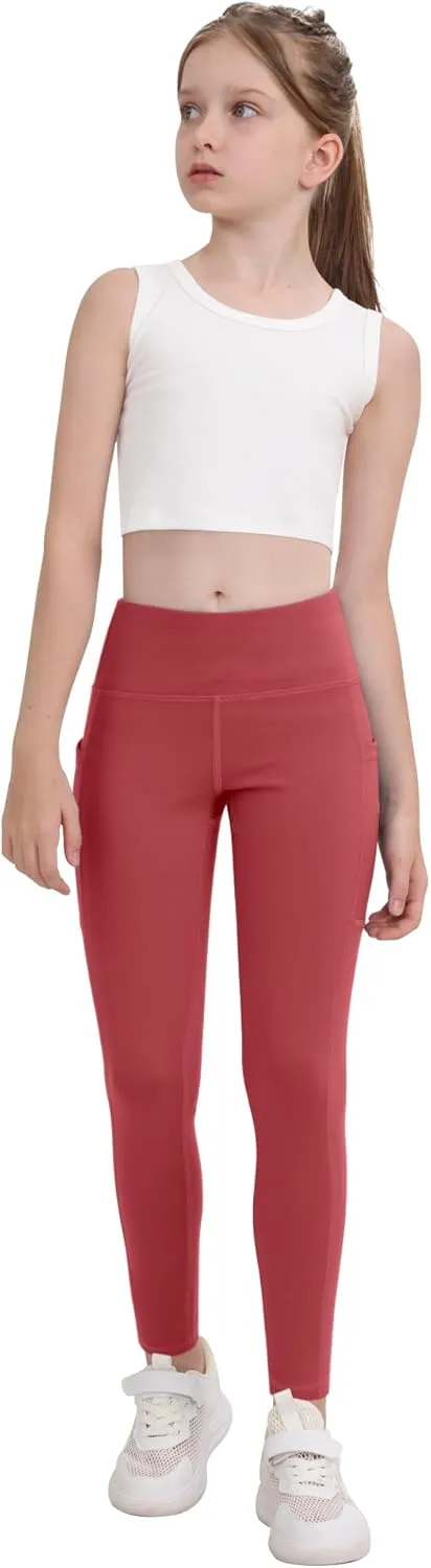 CHRLEISURE Girls' Athletic Leggings with Pockets, 5 Packs Kids Teen Dance Yoga Workout Running Pants for 5-15 Years