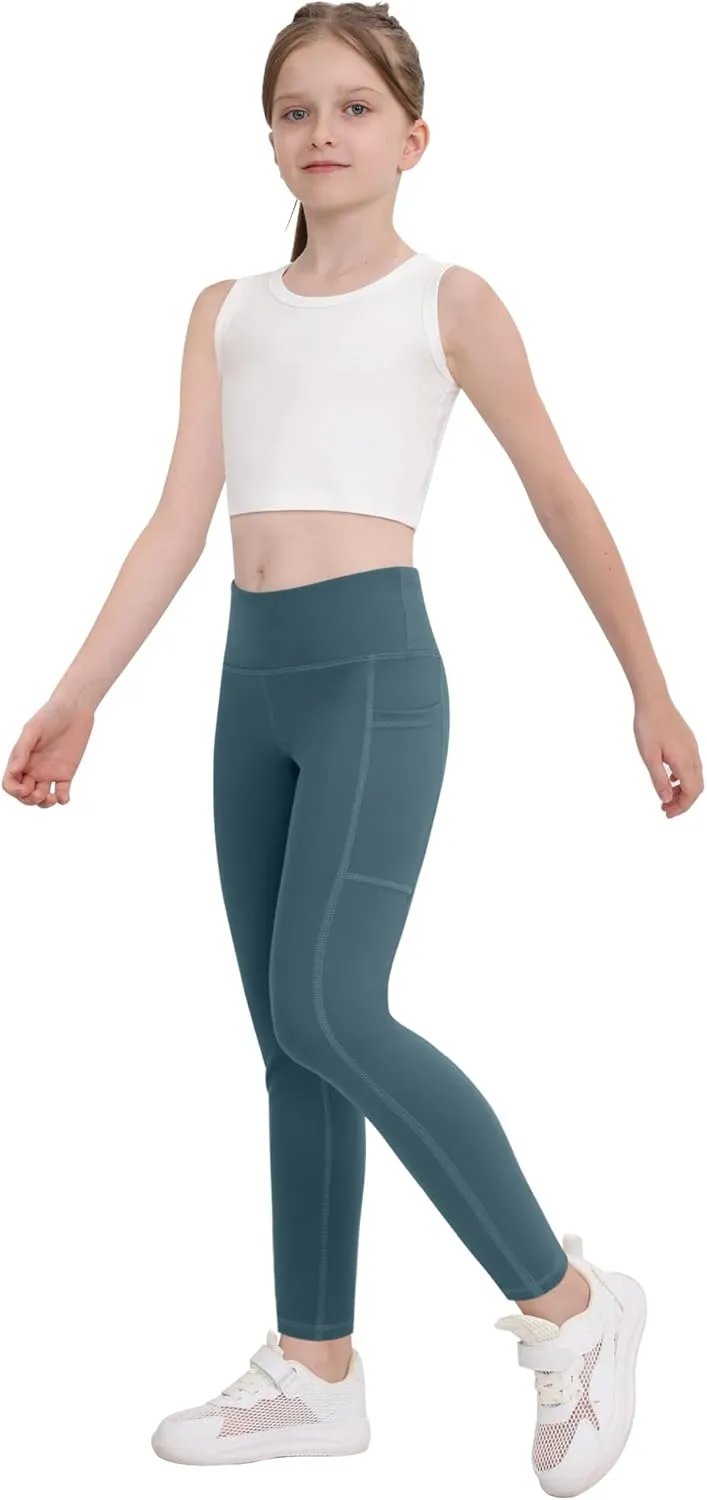 CHRLEISURE Girls' Athletic Leggings with Pockets, 5 Packs Kids Teen Dance Yoga Workout Running Pants for 5-15 Years